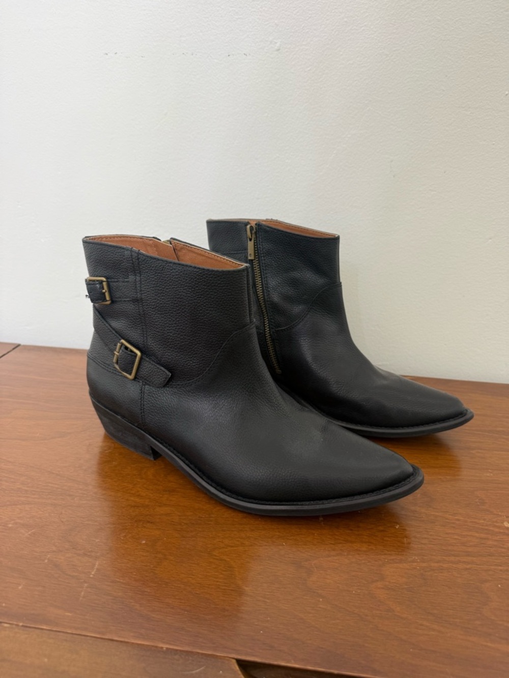 {11} Lucky Brand Caelyn Black Leather Ankle Boots with Side Buckles